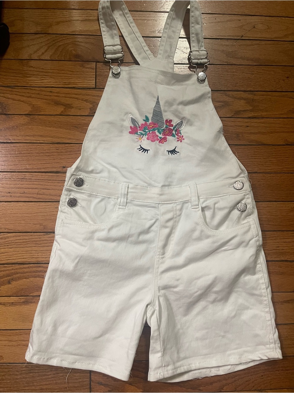 Girls White Unicorn Embroidered Short Overalls
